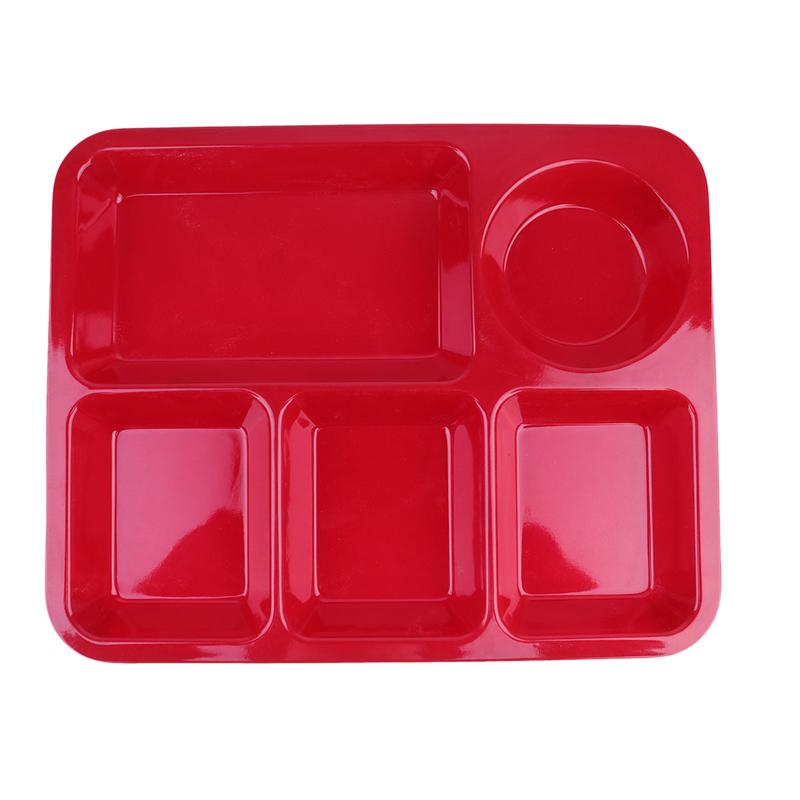 Plateau à dîner divisé en plastique 5 Sections, grille assiette à déjeuner, conteneur pour la vaisselle de la cantine scolaire: Rouge