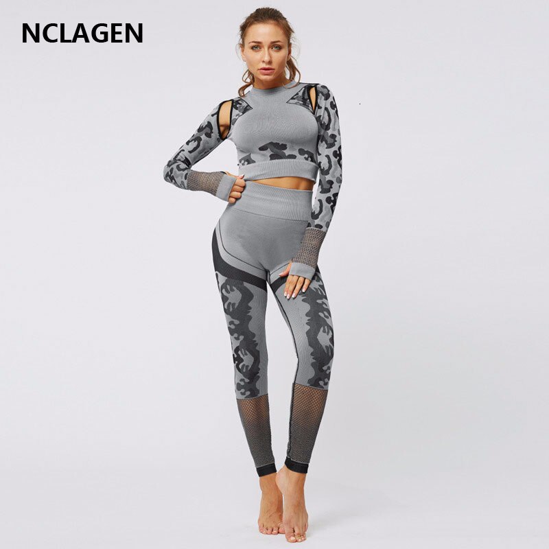 Yoga sæt sport kvinder fitness dragt nylon sømløs crop top hul langærmet skjorte leggings bodybuilding bukser nclagen