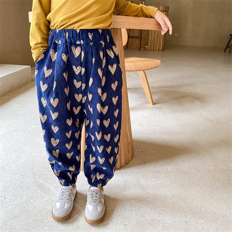 Meisjes Lente Herfst Liefde Print Corduroy Broek 1-8 Jaar Mode Losse Alle-Wedstrijd Casual Broek