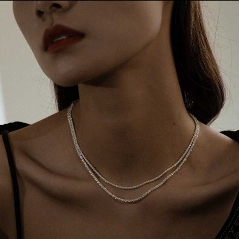 Minimalism Sparkling Glitter Clavicle Chain Necklace For Women Men Delicate Brilliant Light Silver Plated Basic Chain Collares