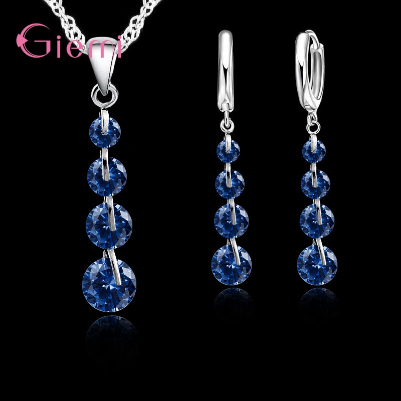 Real Romantic 925 Sterling Silver Cubic Zirconia Crystal Pendant Necklace Earrings Jewelry Set For Women Choker Wedding: Blue