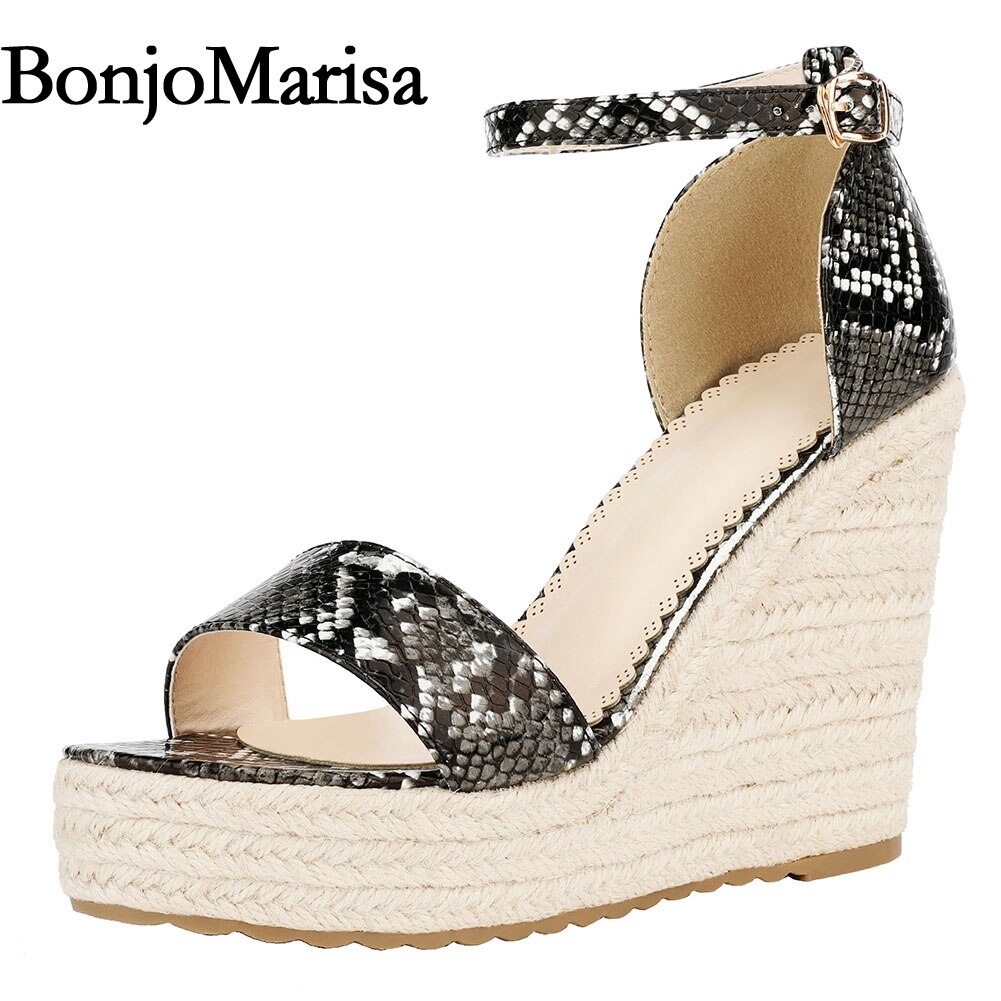 Gladiator Ankle Strap Espardirlle Wedge Heel Sandals Open Toe Snakeskin Print Summer Shoes Woman Party Wedding High Heel Sandals: Black / 6.5