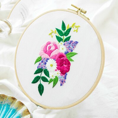 Nemt gør-det-selv broderisæt blomstertrykt håndlavet håndarbejde korssting for begyndere swing kunst maleri håndværk boligindretning: -en / 20cm bambus bøjle