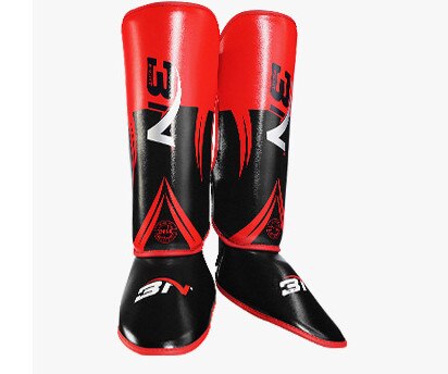 1 Pair Boxing Shin Guards PU Leather Ankle Foot Protector MMA Muay Thai Training Leg Warmers Strong Shin Pads: Red / Adult L