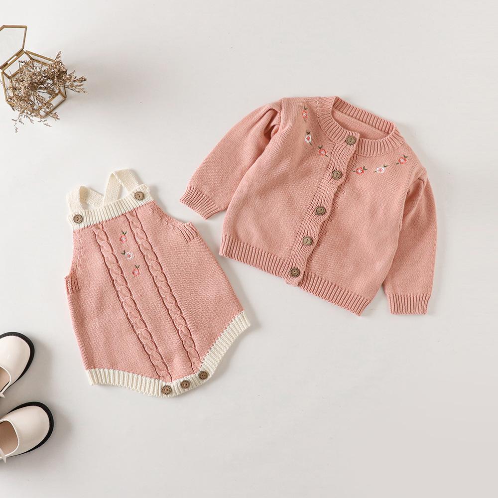 0-3T Baby Meisje Truien Sets Peuter Geborduurde Katoen Gebreide Jas Baby Truien Rompertjes Pasgeboren Knit Bretels Jumpsuits