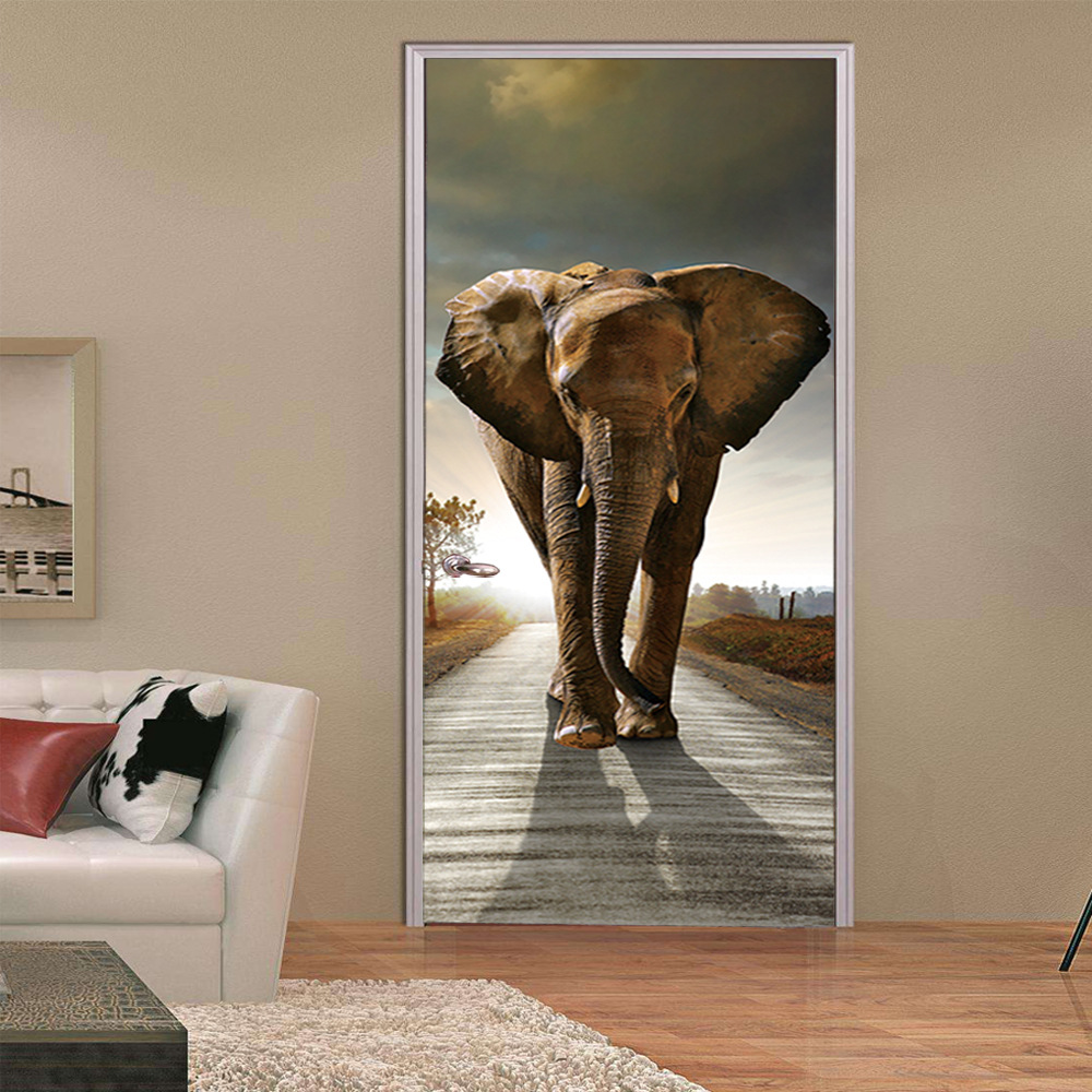 Afrika elefant levende dør klistermærke dyr stue soveværelse dekoration mærkat 3d diy trædør vægmaleri selvklæbende plakat