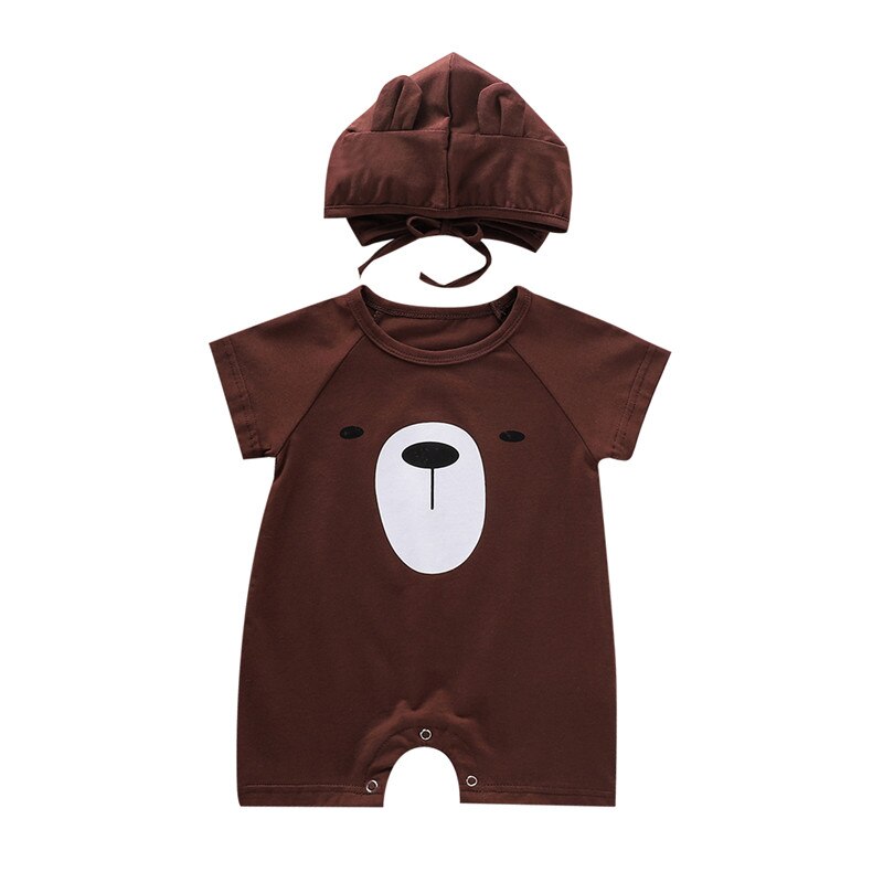 0-18M Pasgeboren Baby Jongen Rompertjes Korte Mouwen Cartoon Beer Print Romper Met Capuchon Cap Peuter Jongens Jumpsuits set