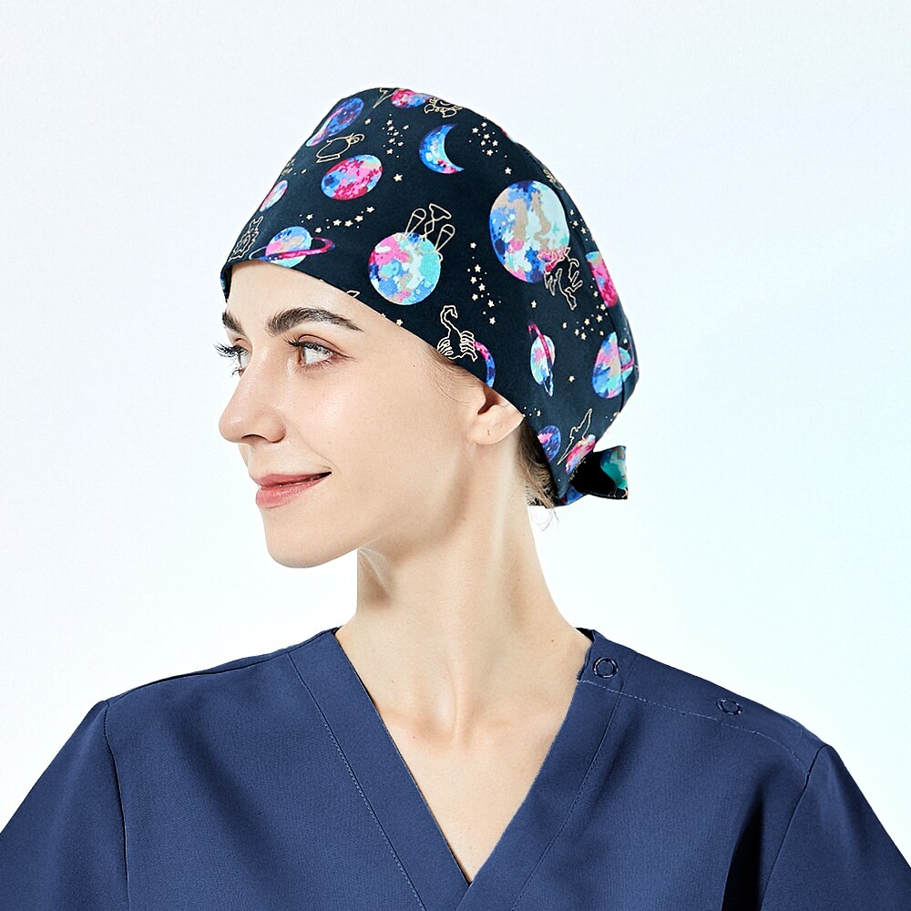Unisex tannhelsesjekk scrubs caps pet grooming arbeidshatter justerbar stjernehimmel utskrift scrubs dame caps med svettebånd: 22022