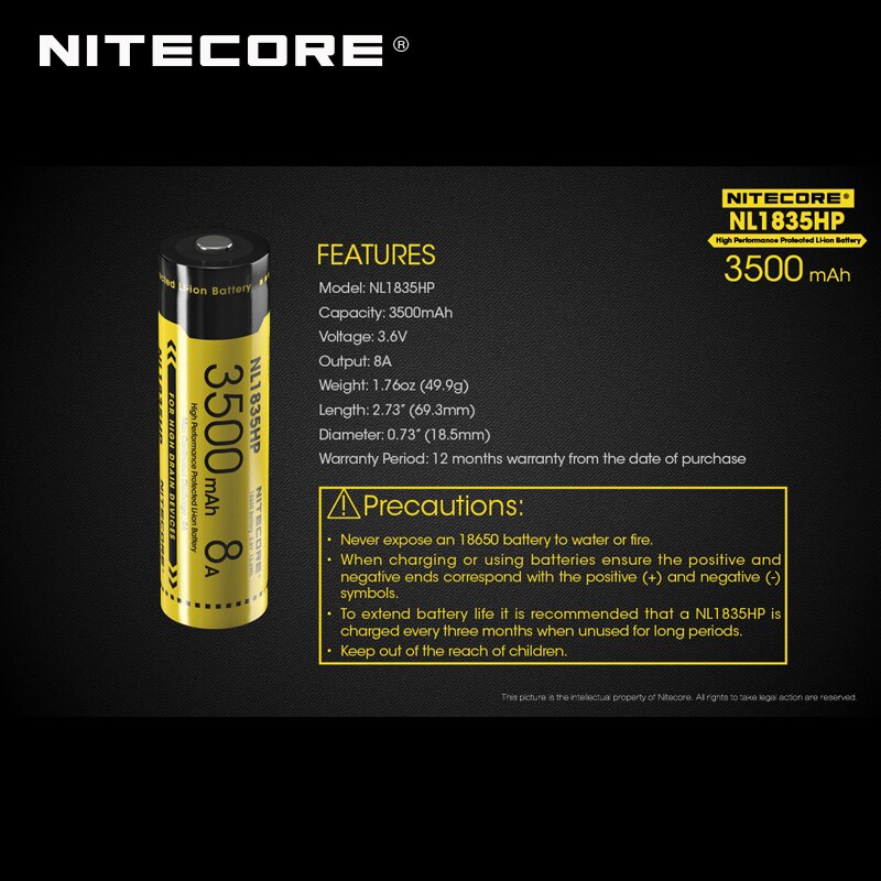 Original Nitecore NL1835HP 3500mAh 8A High Performance Protected 18650 Li-ion Battery
