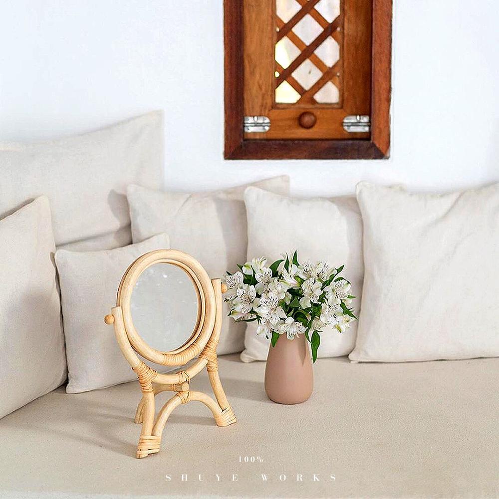 Hand-woven mirror natural rattan dressing table makeup mirror retro desktop vertical flip mirror home decoration