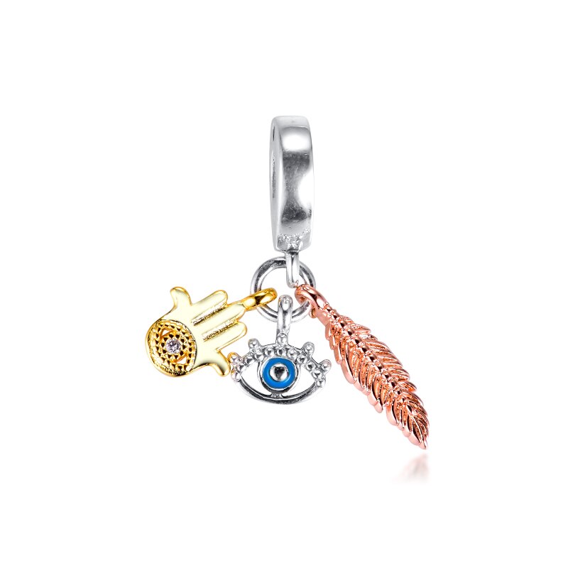 Beads fits for Necklaces Bracelets 100% 925 Sterling-Silver-Jewelry Shine Hamsa Eye Feather Charms