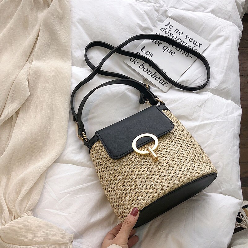 Vrouwen Kleine Stro Emmer Tassen, Dames Zomer Crossbody Tassen, Reistassen & Tassen, vrouwelijke Schoudertas: black