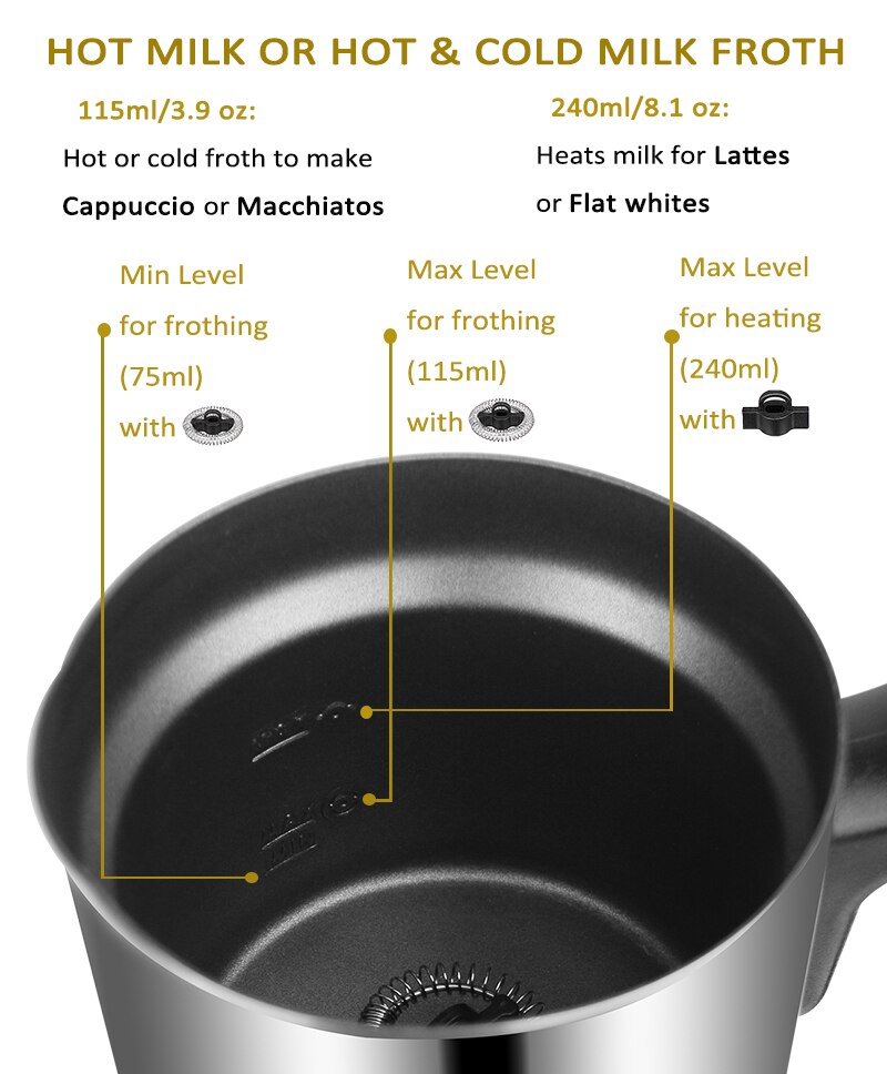 Mælkeskummer dampskummer elektrisk skummer til blødt skum, automatisk kold mælkevarmer med to piskerisvarmer og cappuccino maker