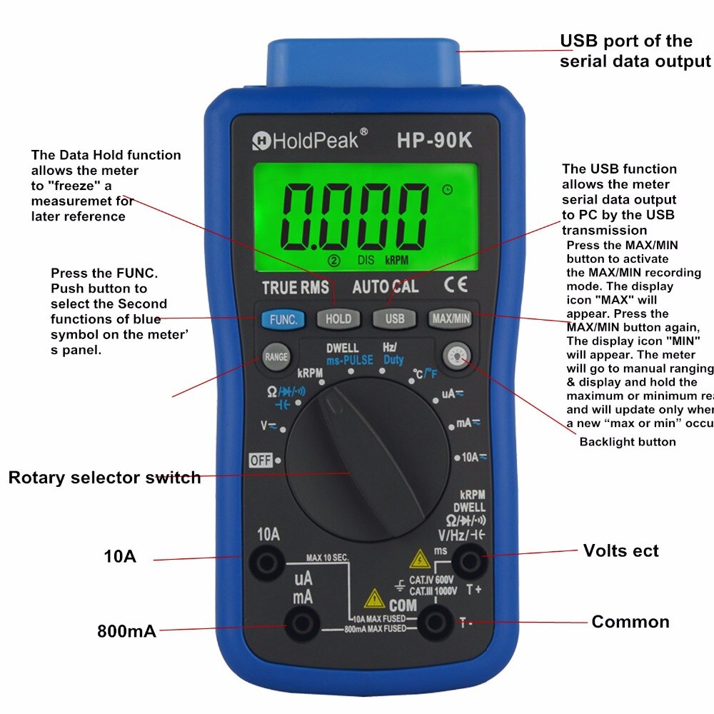 HoldPeak HP-90K Engine Analyzer Tester Auto Range Car Diagnostic Tool with Data Output by USB Automotive Multimeter Multimetro