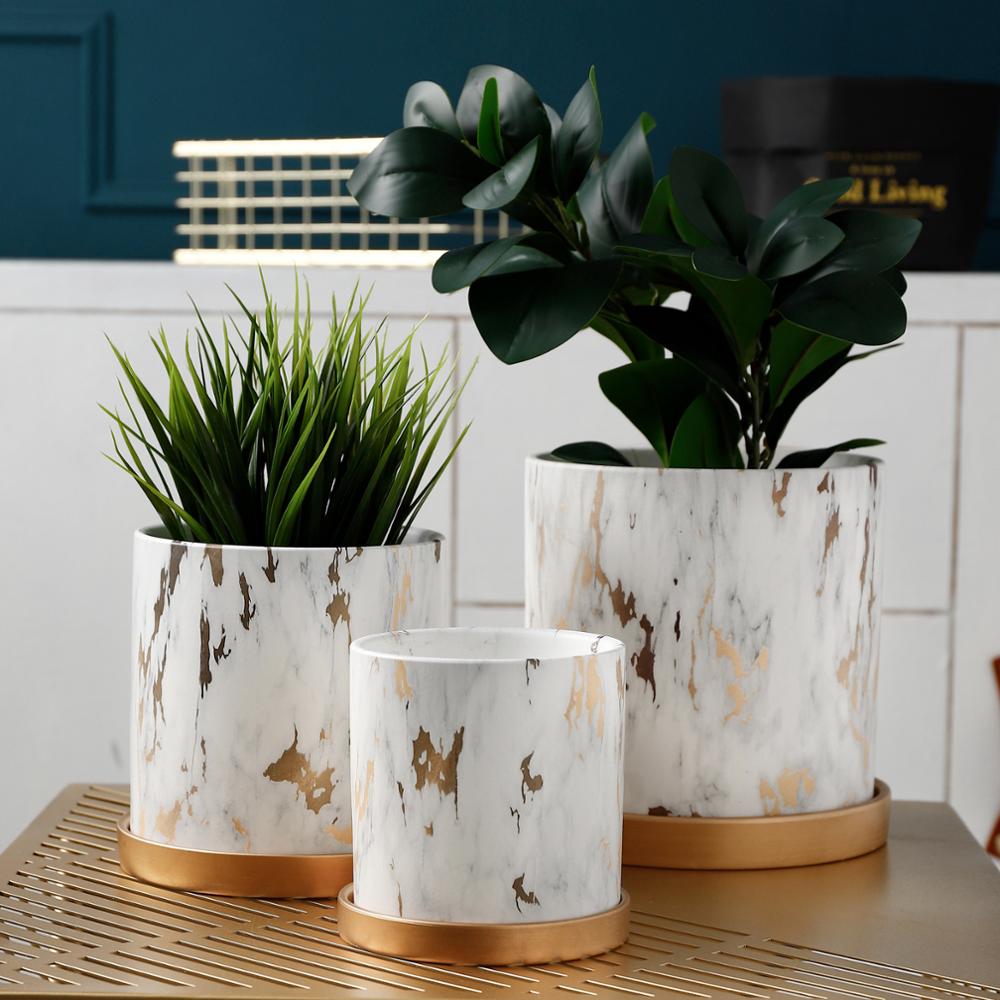 1pc Marble Style Ceramic Plant Pot With Gold Tray Household Decoration Plants Holder