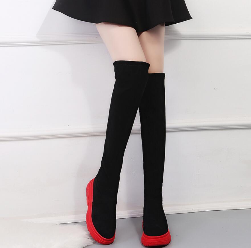 Stretch Fabrics Over The Knee woman High Boots Height Increasing Round Toe platform Women Shoes Autumn Winter Casual Long Boots: Black / 7