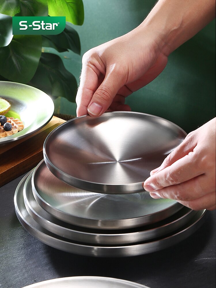 Sstar304 Stainless Steel Steak Dinner Plate Flat Disc Barbecue Nordic Western Food Plate Thickened Insulated Dish Plate