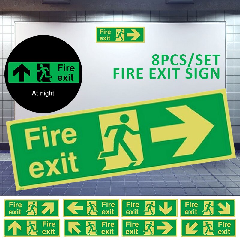 8 Stks/set Fire Exit Teken Emergency Lichtgevende Sticker Waarschuwing Begeleiding Bewegwijzering