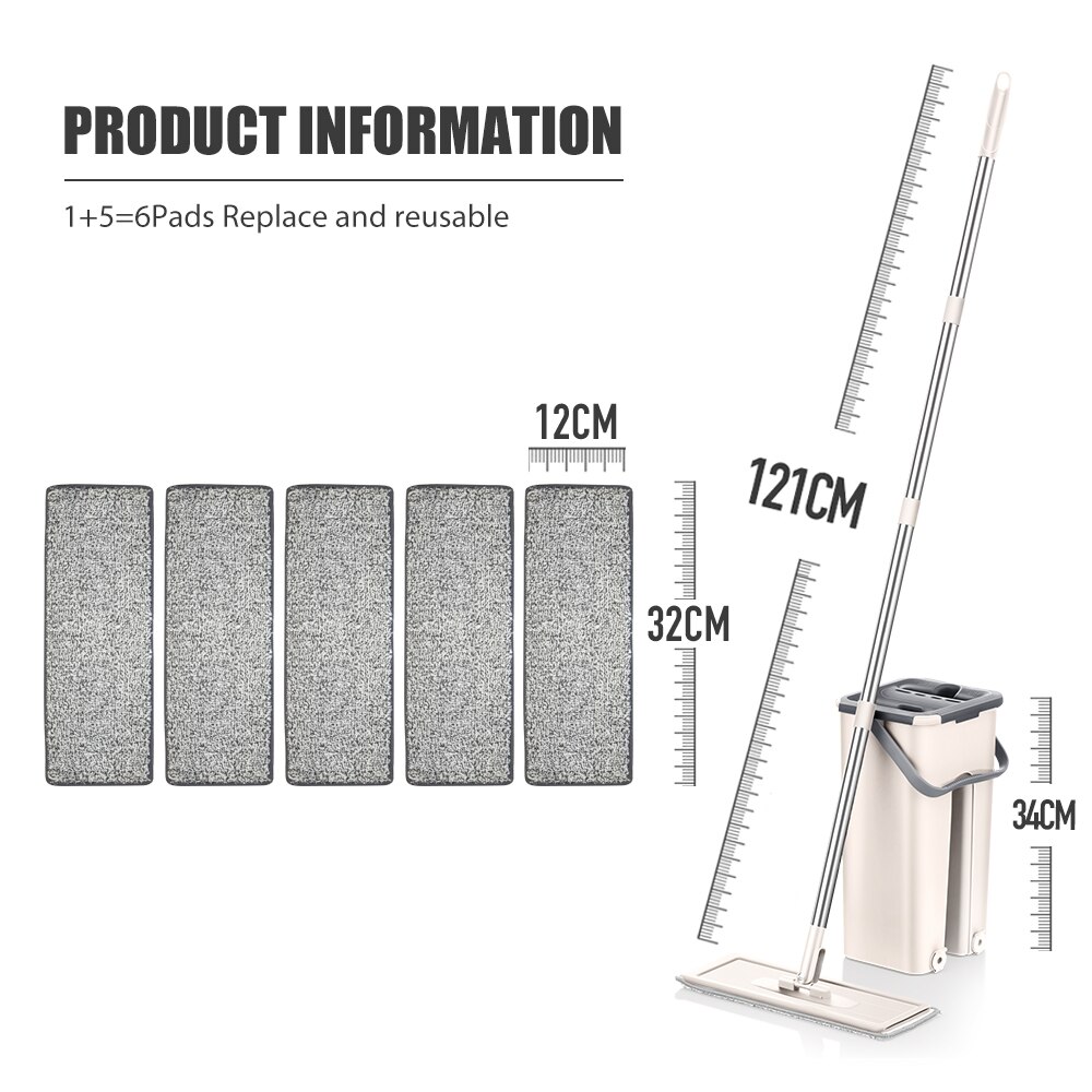 Flat Squeeze Mop and Bucket Hand Free Wringing Floor Cleaning Mop Microfiber Mop Pads Wet or Dry Usage on Hardwood Laminate Tile: DR-BHW125