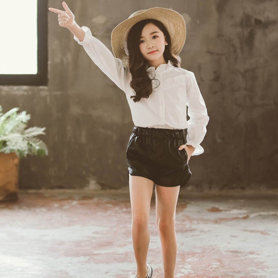 Shirt For Girl Solid White Blouse Girl Ruffle Children's Shirts For Girls School Autumn Kids Clothes Girls 6 8 10 12 14