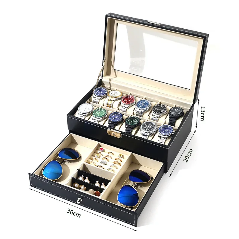 Watch Box 12 Slot Watch Display Organizer & 6 Glasses Organizer Case PU Leather Jewelry Case Drawer Glass Birthday for Men Women: Pink