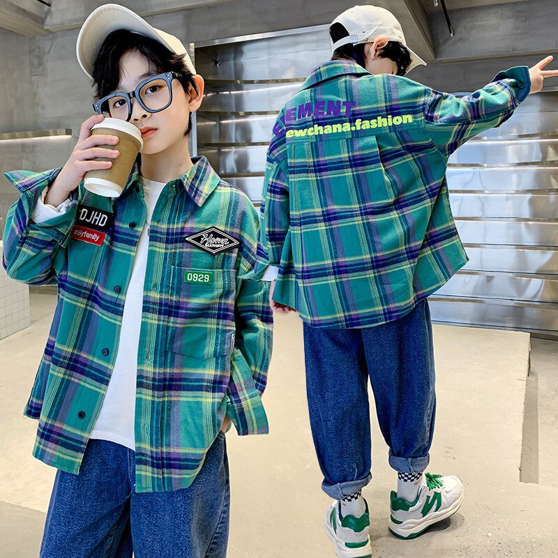 Kinderen Plaid Shirts Lange Mouw Tops Voor Jongens Tiener Casual Kleding Kids Cotton Turn-Down Kraag Lente Kostuum 6 8 10 12Y