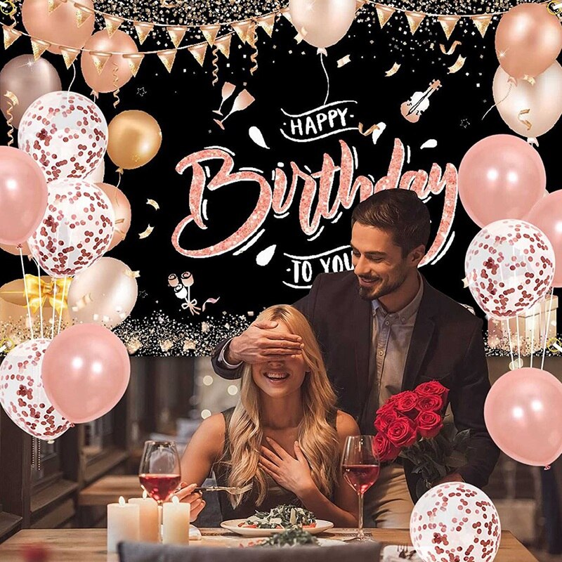 Birthday Banner for Girls Women, Party Birthday Decoration Set for Anniversary Decoration with Ribbon, Rose Gold