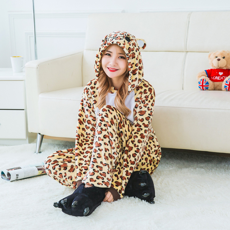 Autumn and winter adult cartoon one-piece pajamas sexy onesie women leopard bear animal woman sleeping clothes cosplay sleepwear