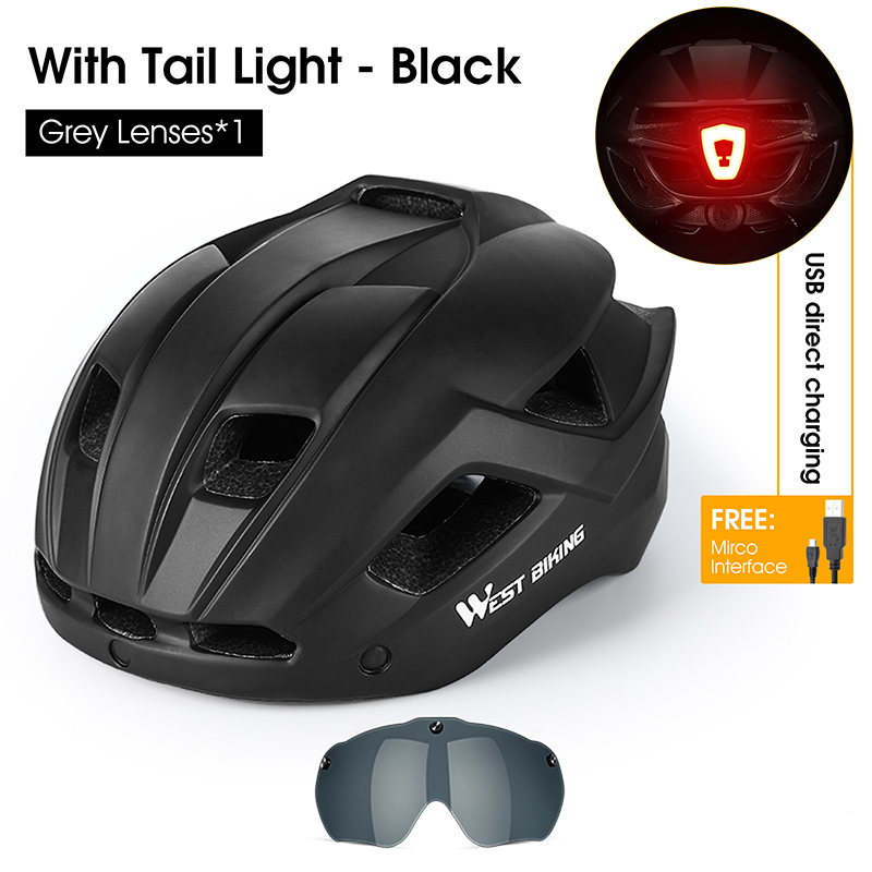 WEST BIKING-casco de ciclismo para hombre y mujer, gafas con luz trasera, visera para el sol, casco para bicicleta de montaña y carretera, gorra segura para motocicleta: Blanco