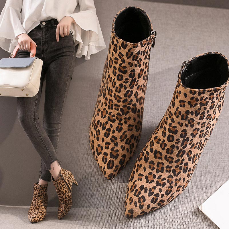 Bottines à bout pointu pour femmes, chaussures à talons hauts, fermeture éclair léopard, courtes, en peluche, décontractées, B037