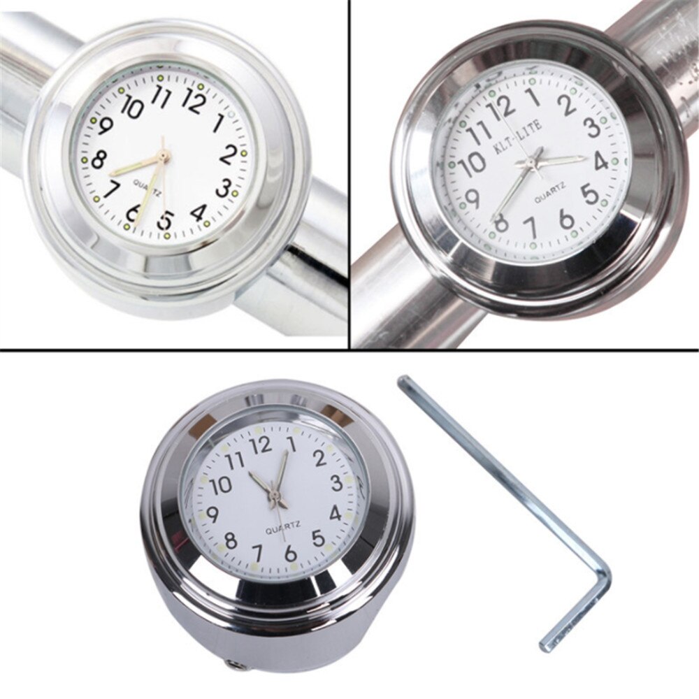 Universele 7/8 " waterdichte chromen motorfiets stuurbevestiging quartz horloge aluminium lichtgevende klok moto zwarte accessoires: Wit