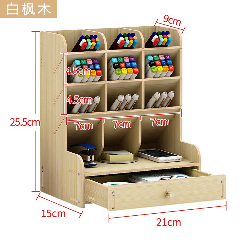 Wooden Pen Holder Desk Organizer Multi-Function Office Pencil Case Large Capacity Pencil Organizer Desk Storage Box: White Maple Color