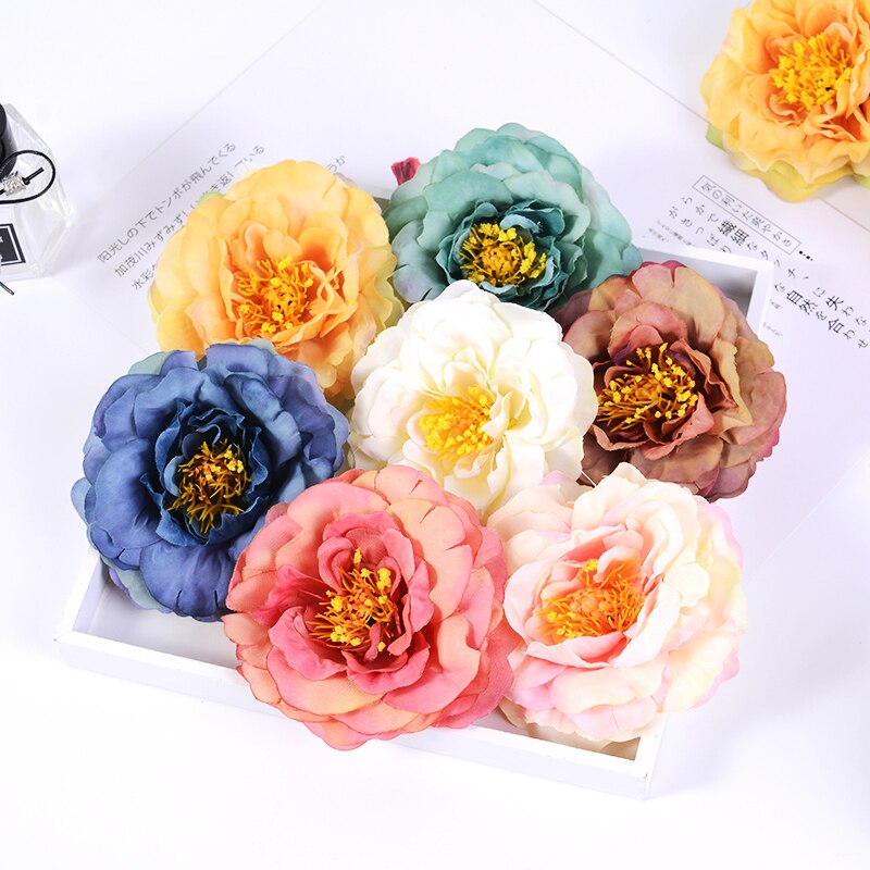 2 stk 9cm butikk kunstige pioner blomst silke rose til bryllupsfest hjemmedekorasjon diy krans utklipp blomst: Multi / 5 stk