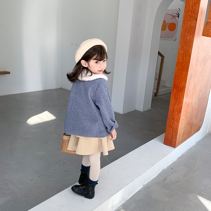 Manteau duffle-coat chic pour filles coréennes automne et hiver veste à col rond pour enfants vêtements manteau surdimensionné pour enfants sans col en flanelle