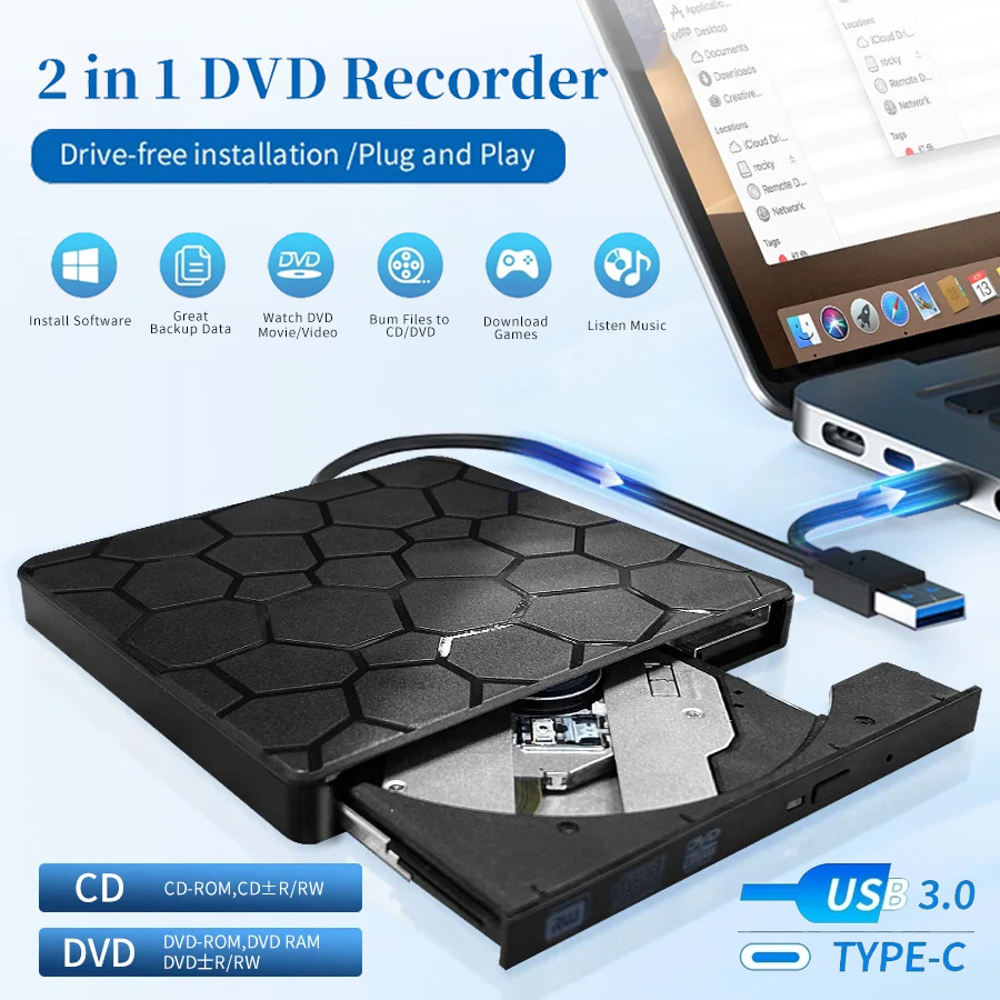 2-in-1 USB 3.0 Typ C Slim Externe DVD RW CD-Player Writer Reader Optische Laufwerke PC Laptop Desktop Tragbares DVD-Brenner-Laufwerk