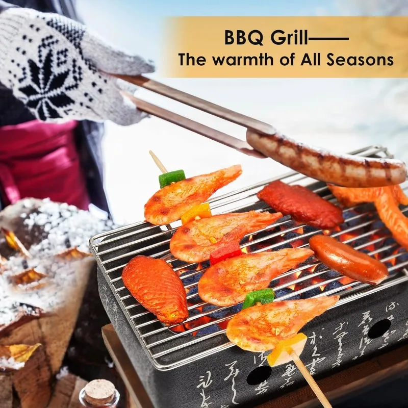 Japanese Style BBQ Grill Portable Barbecue Stove Aluminium Household Charcoal Grill with Wire Mesh Wooden Base Barbecue Tools