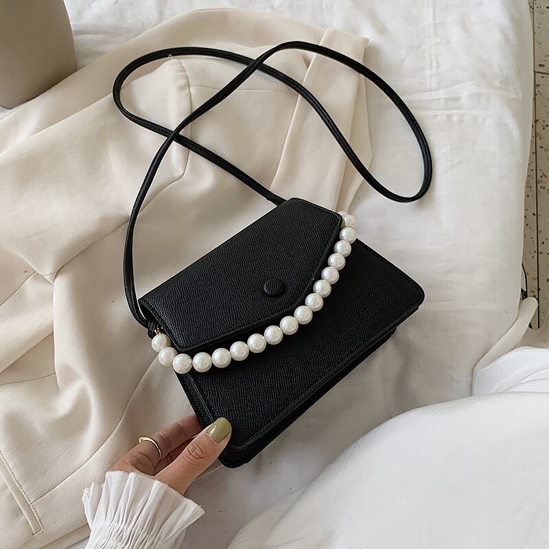 Perle pu læder crossbody tasker til kvinder mini skulder enkel taske kvindelige håndtasker og punge: Mini sort