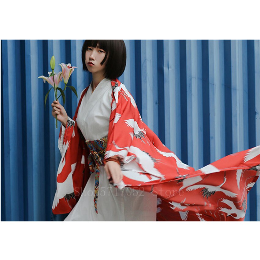 Japanse kimono traditionele kraanvogel vintage lange mouwen yukata jurk vrouw geisha kostuum cosplay badjas harori aziatische kleding