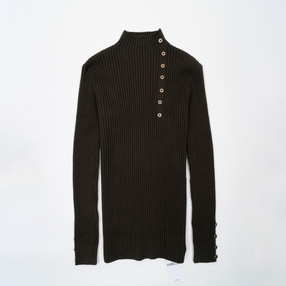 Geribbeld Mock Hals Trui Vrouwen Winter Gebreide Lange Truien Vrouwen Trui Jumper Met Zijknoppen: Army Green