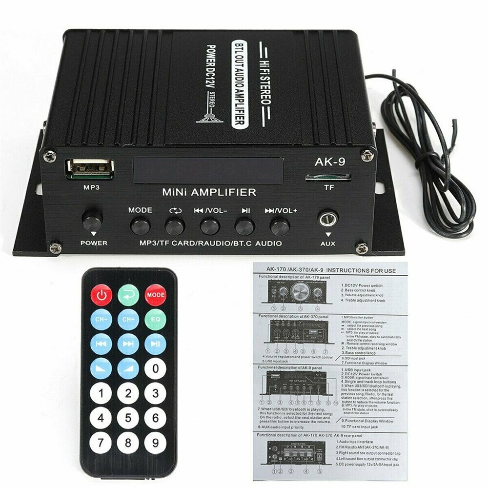 2CH Digital Power Amplifier - HiFi Bluetooth USB Stereo Audio MP3 FM AMP Radio - AK9