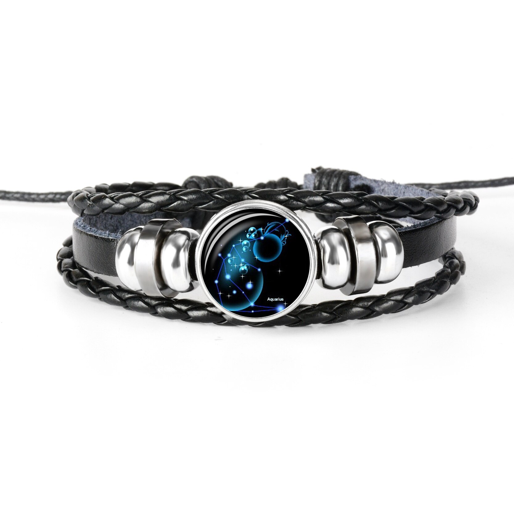 Zodiac Bracelet Charm Diy Jewelry Constellation Glass Metal Buckle Black Multilayer Leather Bracelet Women Men: Aquarius