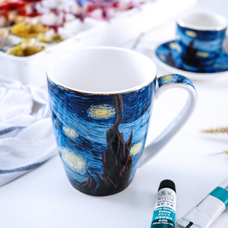 90/220/300/400ML Latte Cappuccino Espresso Mugs Coffe Mugs Set with Spoon Saucer Milk Cup Mug Van Gogh Oil Painting Style Cups