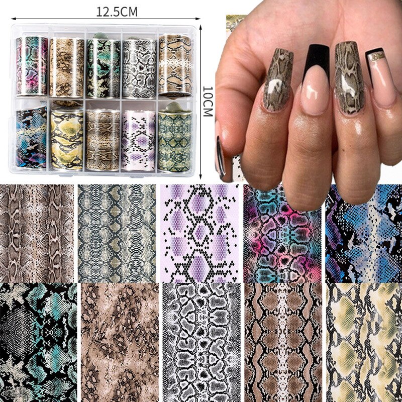 10 Stks/set Nail Art Stickers 3D Snake Skin Nail Folies Nail Transfer Sexy Folie Stickers Zelfklevende Folie Wraps Nail Art decoraties