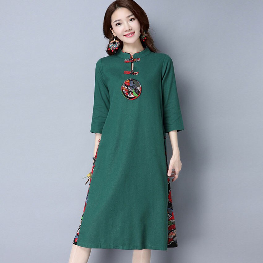 Summer Chinese Traditional Clothes Cheongsam Dress for Women Patchwork Ethinic Maxi Oriental Casual Dress Linen Tai Chi Set: Color2 / M