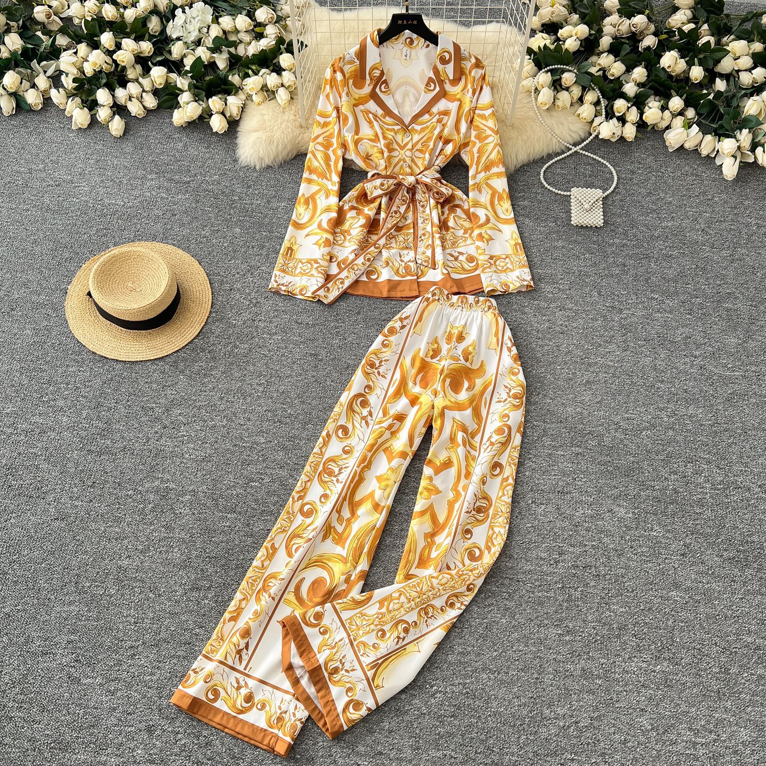 Pant Set Women Two Piece Sets Turn Down Collar Matching Sets Print Casual Loose Tops Wide Leg Long Pants Lace Up High Waist: M / Yellow