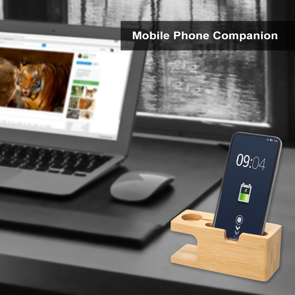 2 in 1 telefonurholder smartphone opladningsstation dock bambus base telefonholder smartwatch stativ holder