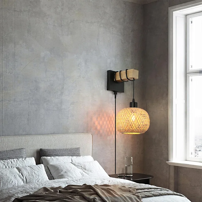 råtnende vegglampe dimbar bryter bambus vegglampe pluggbar vegglampe til soverom stue hotell gjeng hjem restaurant