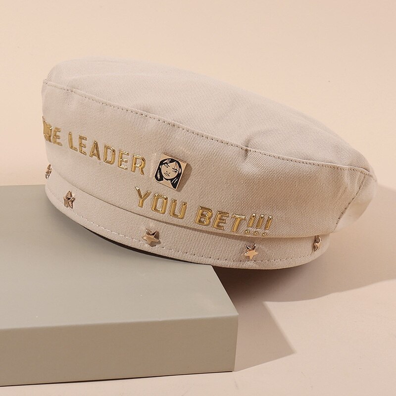 Boina con letra dorada para mujer, sombrero británico, boina de pintor japonés, boina de deporte: Beige