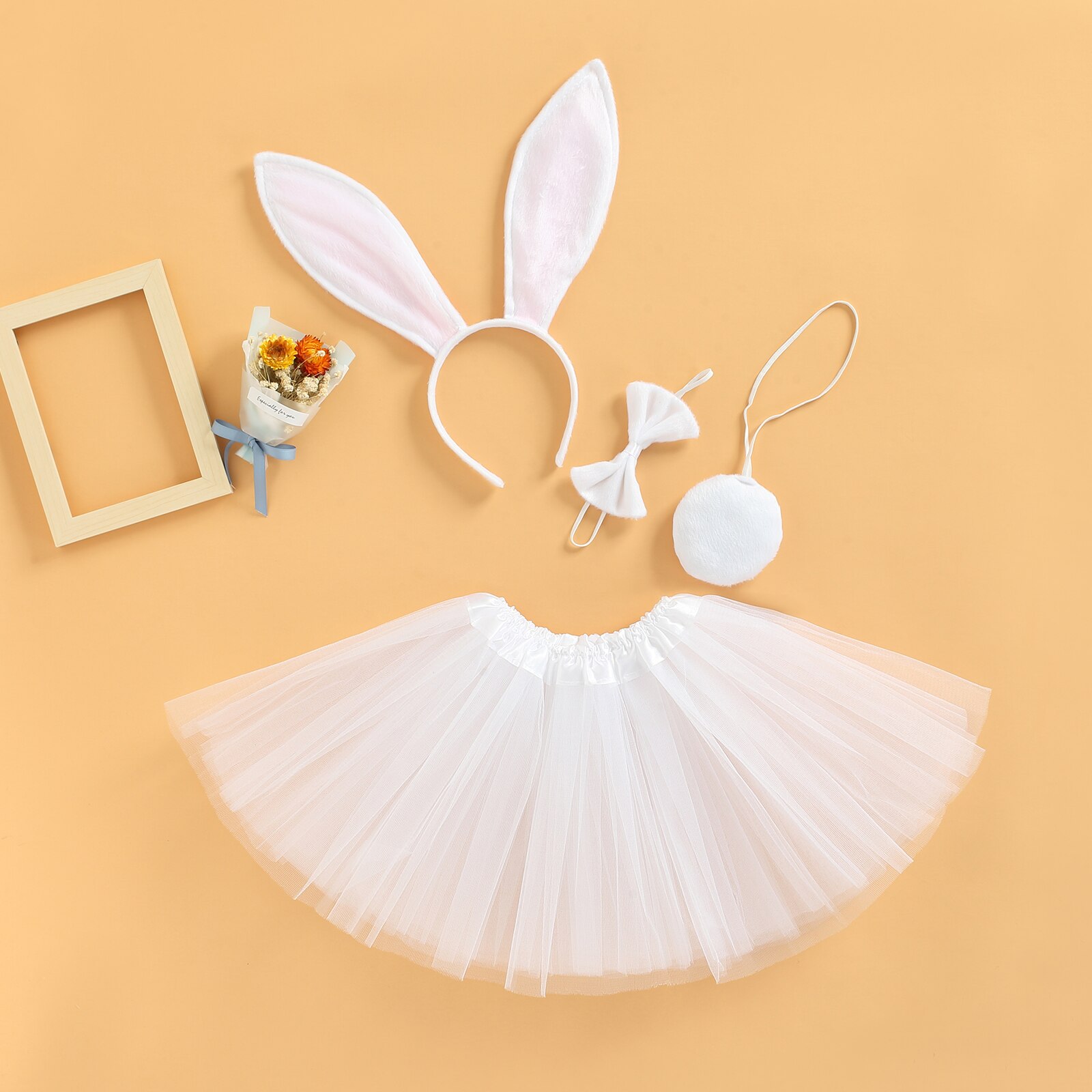 Vestiti per la fotografia della neonata del bambino, fascia per capelli coniglietto pasquale + papillon + coda + gonna in Tulle multistrato 0-3T