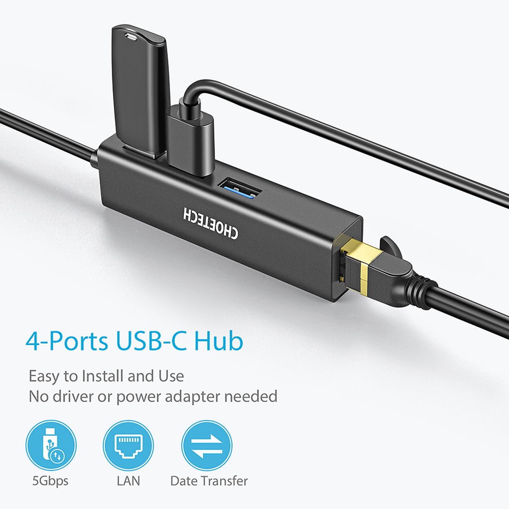 Choetech Usb C To Gigabit Ethernet Adapter Rj45 Port And 3-Port Usb 3.0 Port For Macbook/Surface Book 2